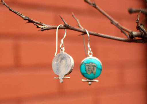 Turquoise Inlaid Tibetan Om Sterling Silver Earrings - nepacrafts