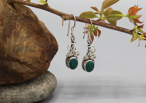 Turquoise Inlaid Leaf Sterling Silver Earrings - nepacrafts