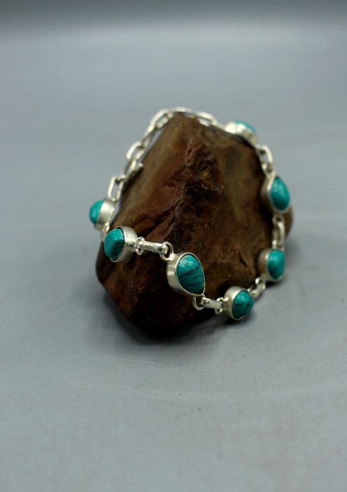 Water Drop Design Silverplated  White Metal Bracelet with Inlaid Turquoise
