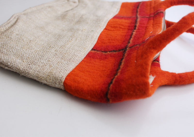 Orange and Black Felt Wool Lining Hemp Shoulder Carry Bag - nepacrafts
