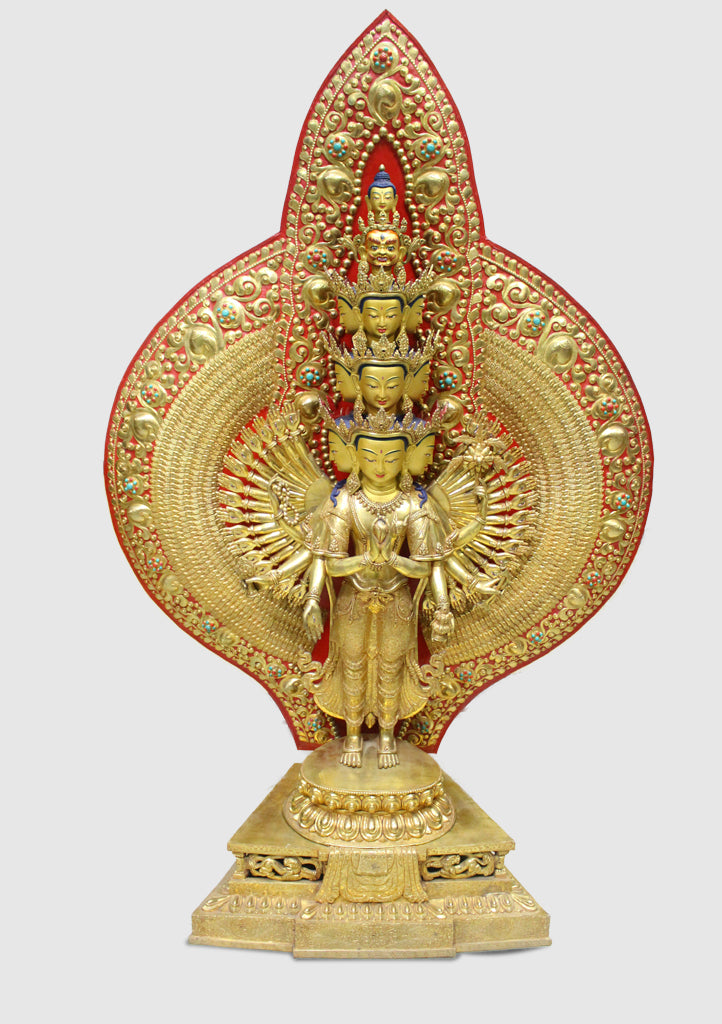 50" High Magnificent Thousand Armed Avalokiteshvara Gold Plated Statue - nepacrafts