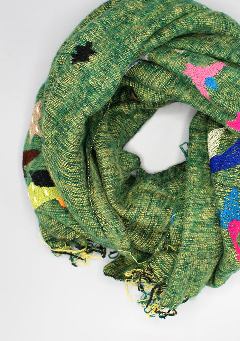 Green Arctic Antartica Circle Yak Wool Shawl with Arctic Birds Embroidery