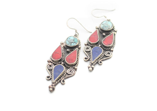 Inlaid Tribal Design Handmade White Metal Dangle Earrings - nepacrafts