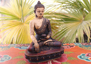 Floral Motif Carved Brown Resin Shakyamuni Buddha Statue 9" - nepacrafts