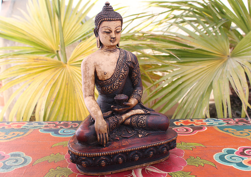 Floral Motif Carved Brown Resin Shakyamuni Buddha Statue 9" - nepacrafts