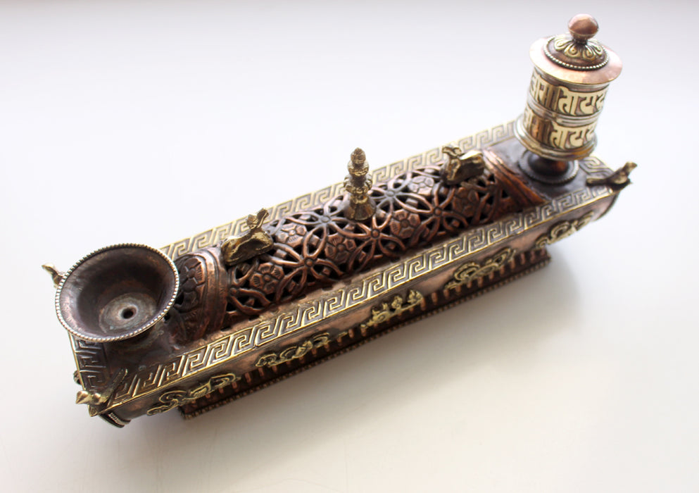 Copper Tibetan Symbolled Potala Incense Burner with Prayer Wheel - nepacrafts