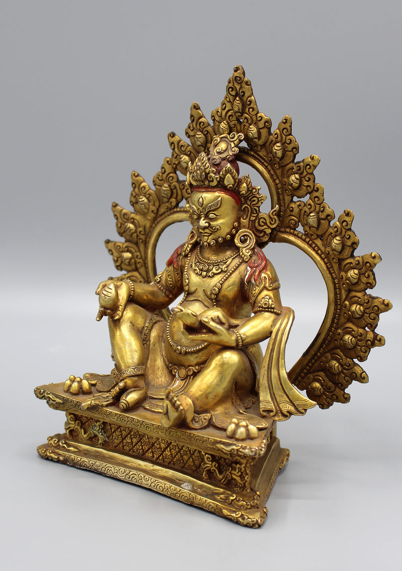 Gold Plated Kubera Zambala Statue in a Throne - nepacrafts