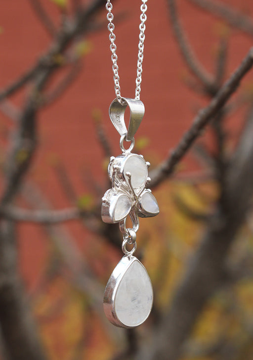 Flower Drop Rainbow Moonstone Sterling Silver Pendant - nepacrafts