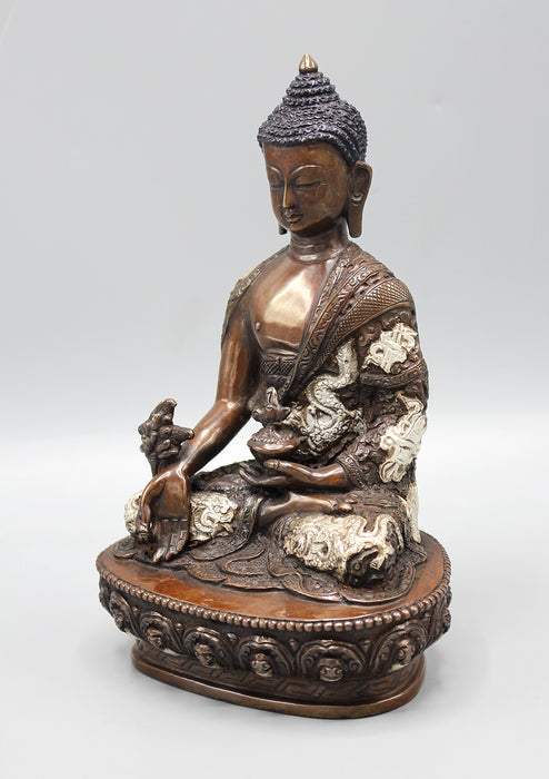 Copper Oxidized Medicine Buddha Silver Robe Carving Statue