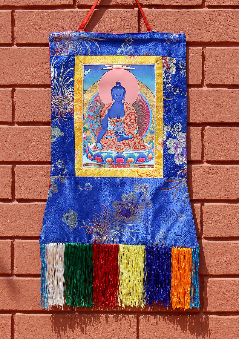 Healing Medicine Buddha Brocade Framed Thangka Wall Hanging