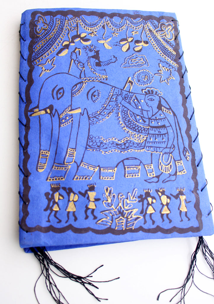 Natural Mithila Arts Elephant Print Royal Blue Paper Lamp Shade - nepacrafts