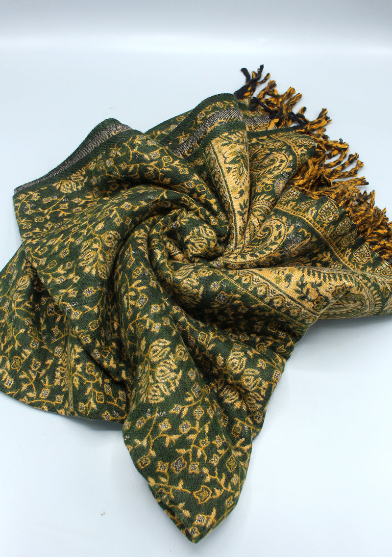 Handloomed Floral Leaves Green Yak Wool Shawl