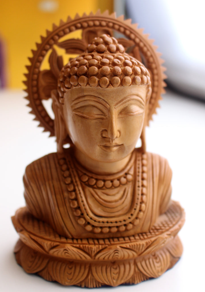 Finely Handcarved Buddha Wooden Bust - nepacrafts