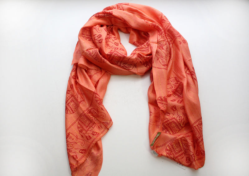 Elephant Print Bright Orange Cotton Jari Shawl/Scarf, Meditation Shawl - nepacrafts