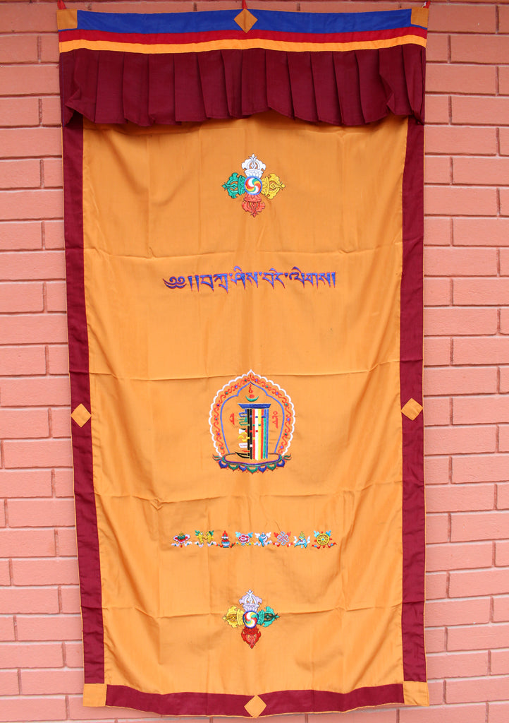 Cotton Wall Hanging Door Curtain Embroidered with Tibetan Kalachakra - nepacrafts