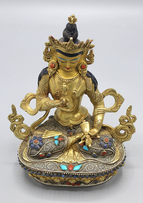 Gold Plated Vajrasattva Statue With Silver Filigree and Turquoise Inlays