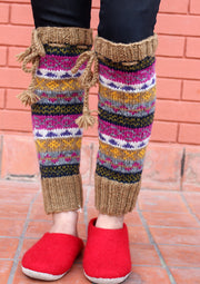 Handknitted Brown Pink Multicolor Winter Legwarmers with Lace - nepacrafts