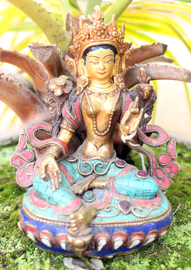 6" High Glowing Green Tara Statue with Inlaid Turquoise - nepacrafts