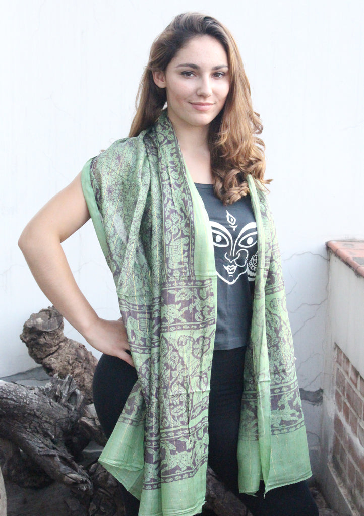 Green Cotton Summer Scarf with Floral Print From Nepal - nepacrafts