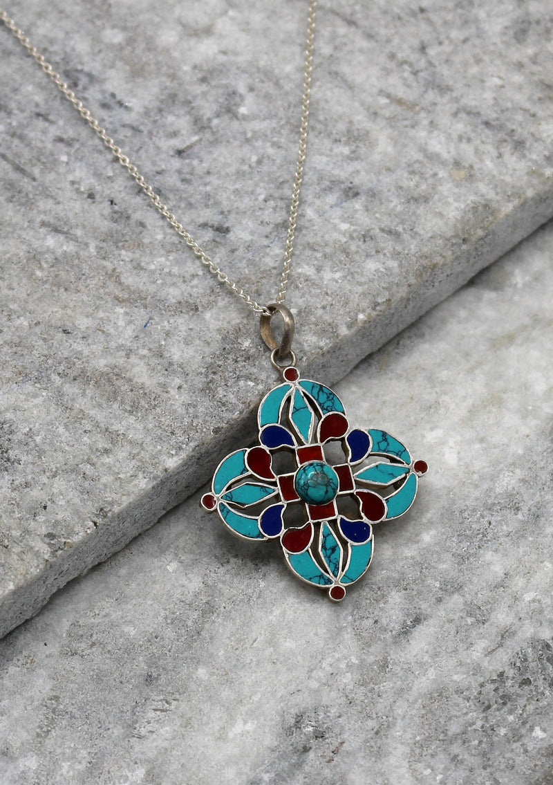 Double Dorjee Flower Sterling Silver Pendant - nepacrafts