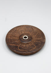 Floral Design Carved Small Round Wooden Incense Burner (4 Full Petals FDIH08) - nepacrafts