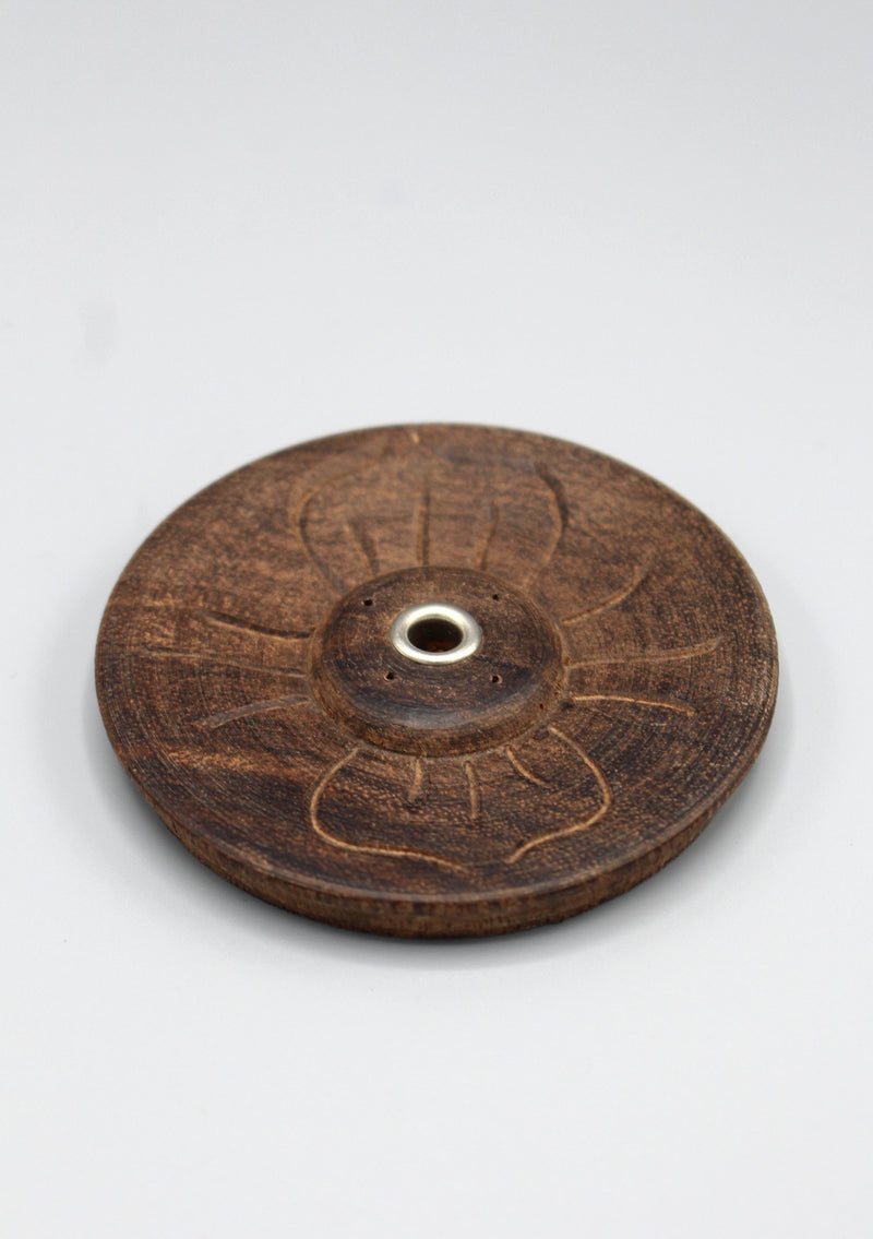 Floral Design Carved Small Round Wooden Incense Burner (4 Full Petals FDIH08) - nepacrafts