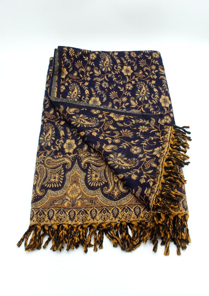 Hand Loomed Dark Blue Flower Pattern Print Yak Wool Shawl