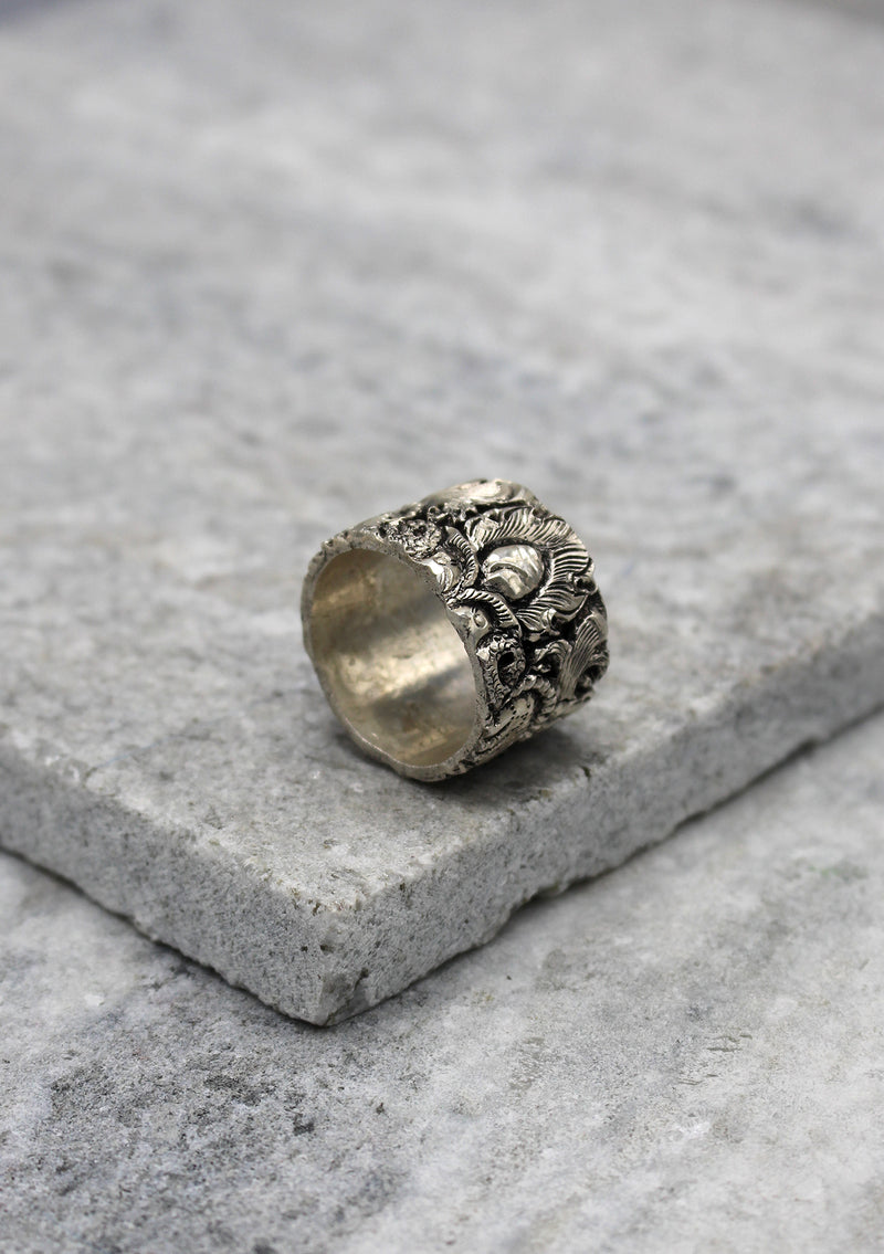 Tibetan Chhepu Carving Sterling Silver Finger Ring - nepacrafts
