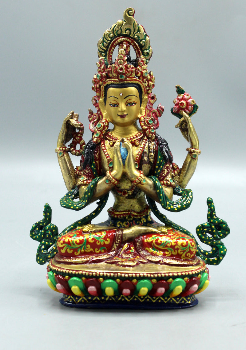 Hand Painted Fine Carving Chenrezig Gold Plated Statue