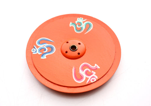 Om Painted Orange Round Wooden Incense Burner - nepacrafts