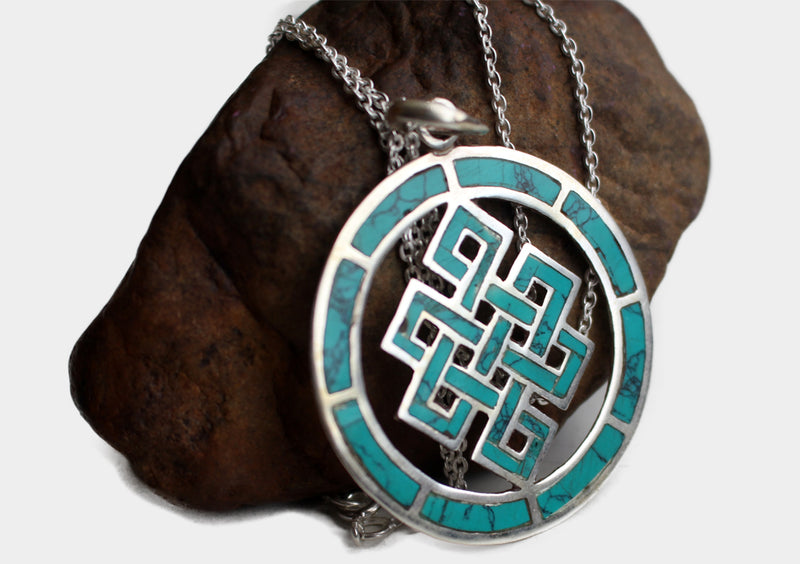 Turquoise Inlaid Endless Knot Sterling Silver Pendant - nepacrafts