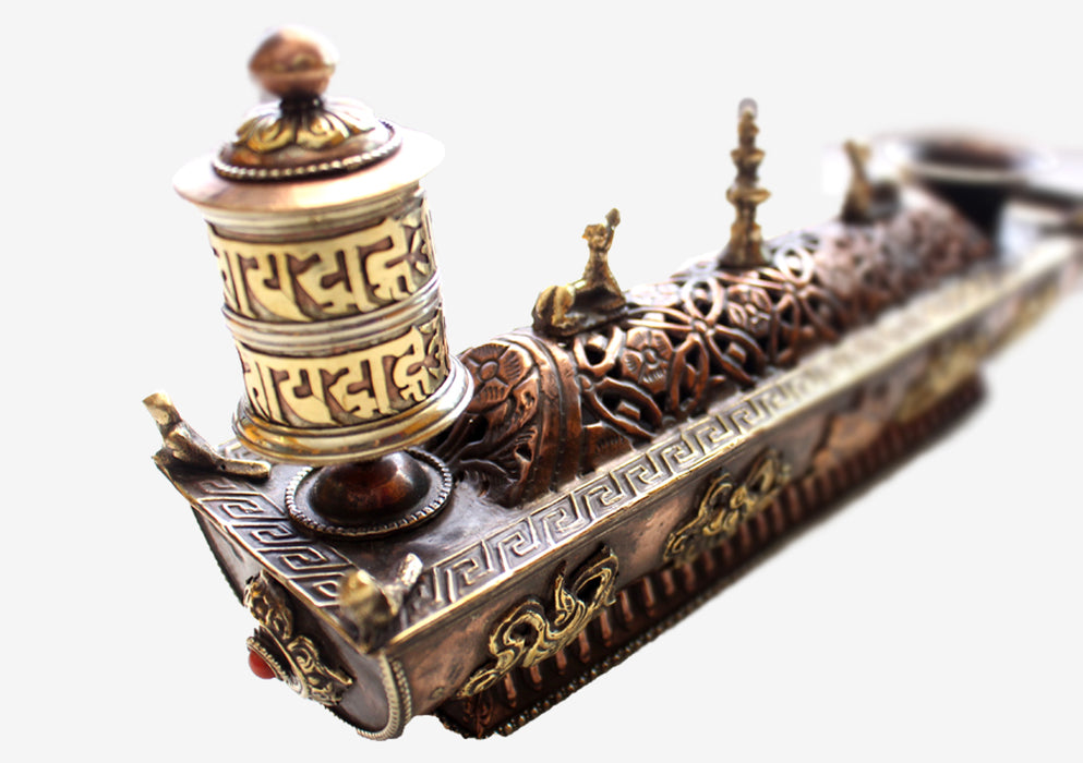 Copper Tibetan Symbolled Potala Incense Burner with Prayer Wheel - nepacrafts