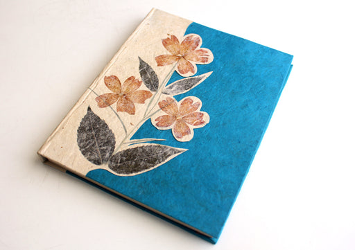 Blue Real Flower Printed Nepalese Lokta Paper Blank Journal - nepacrafts