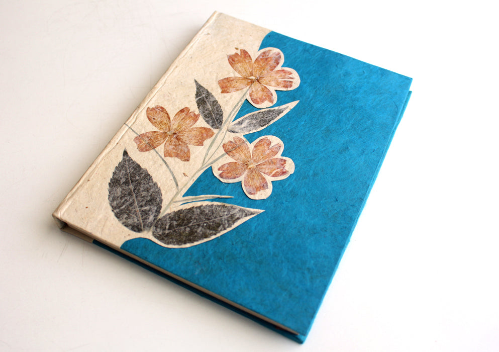 Blue Real Flower Printed Nepalese Lokta Paper Blank Journal - nepacrafts