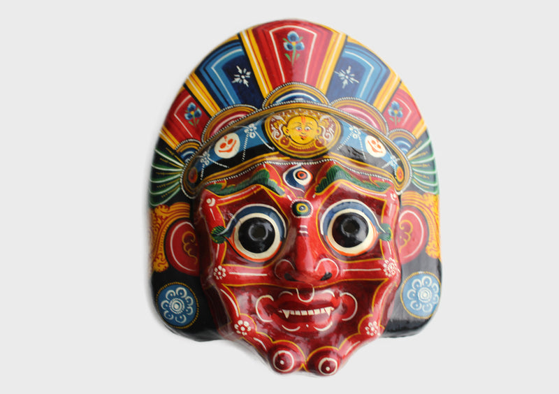 Red Mahakala Paper Mache Wall Hanging Mask - nepacrafts