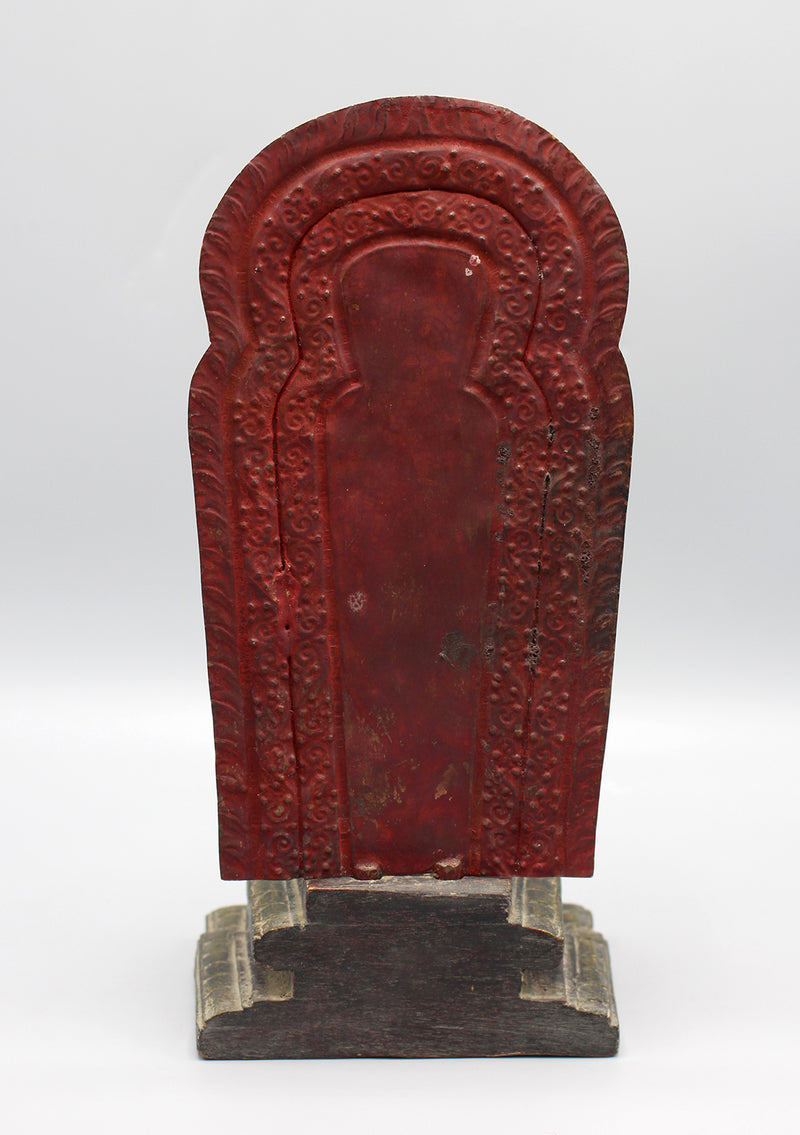 Gold Plated Copper Oxidized Lokeshwor Statue on Wooden Frame and Base