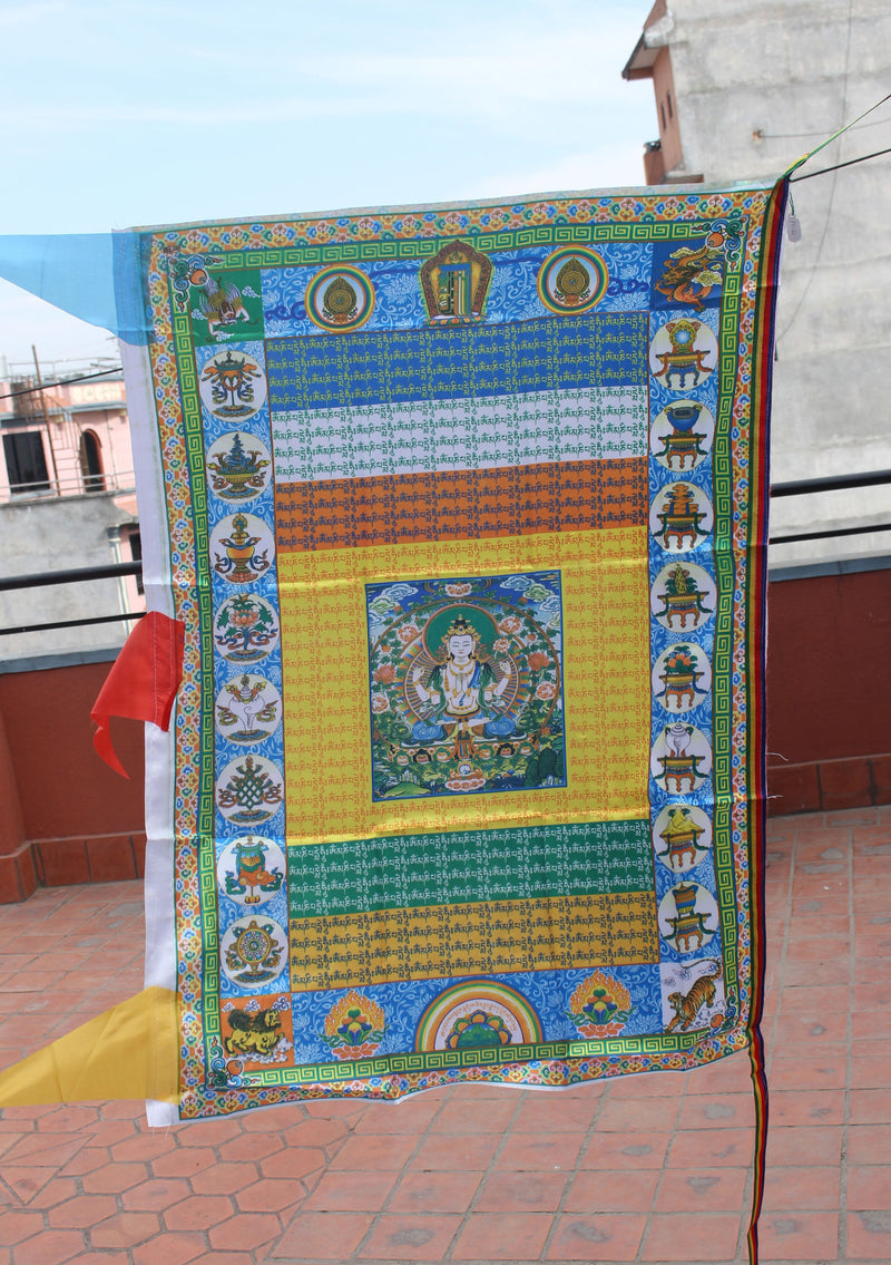 Color Printed Chenrezig Vertical Tibetan Prayer Flags - nepacrafts