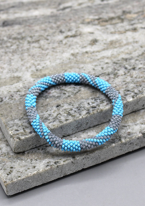 Sky Blue and Grey Diagonal Shape Glass Beads Bracelet
