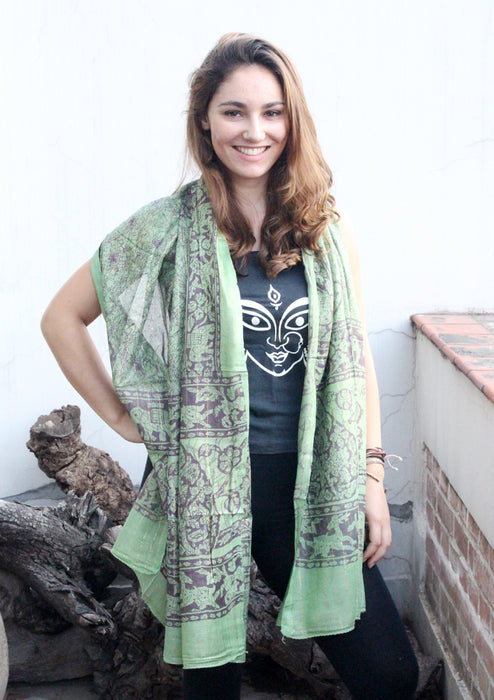 Green Cotton Summer Scarf with Floral Print From Nepal - nepacrafts