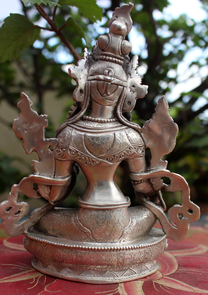 925 Sterling Silver Majestic Green Tara Statue 5.5" - nepacrafts