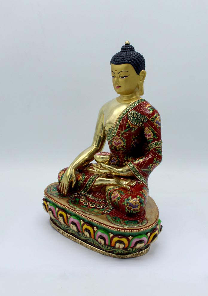 Intricately Hand Carved and Painted Gold Plated Shakyamuni Buddha Statue 11 Inch