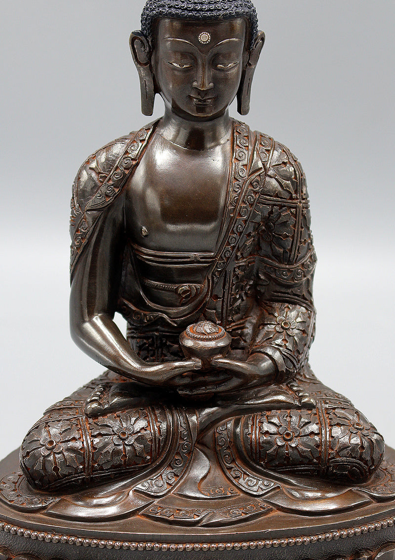 Amitabha Buddha Copper Oxidized Statue Fully Carved Floral Motifs