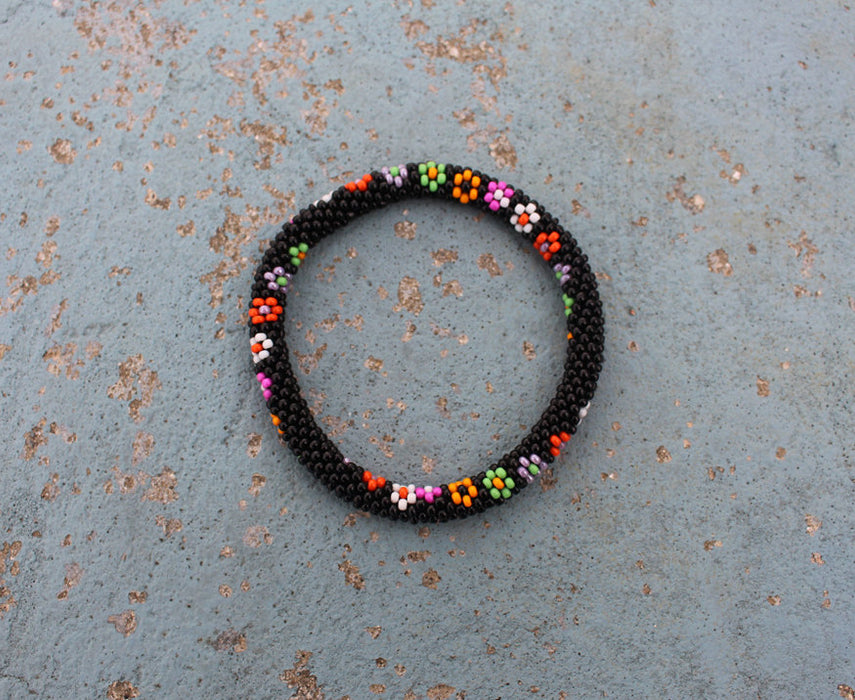 Black Beads Roll on Bracelets with Multicolor Flower Design - nepacrafts