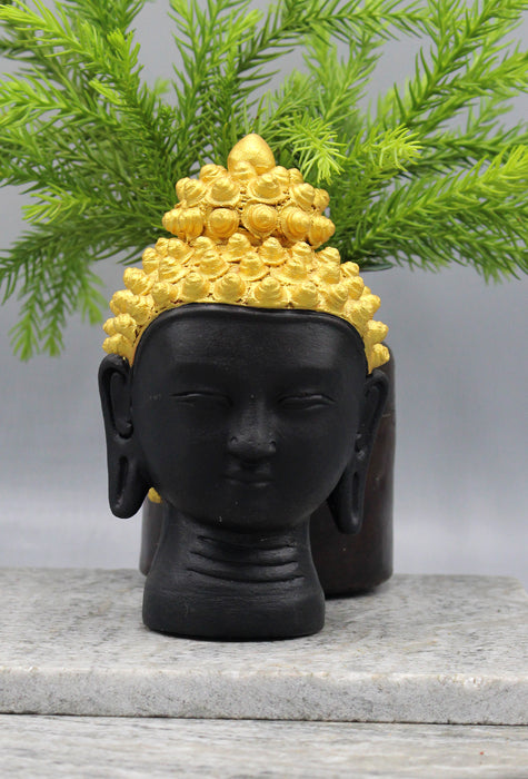 Handmade Black Buddha Head Sculpture with Golden Crown