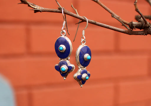 Lapis and Turquoise Inlaid Floral Dangle Silver Earrings - nepacrafts