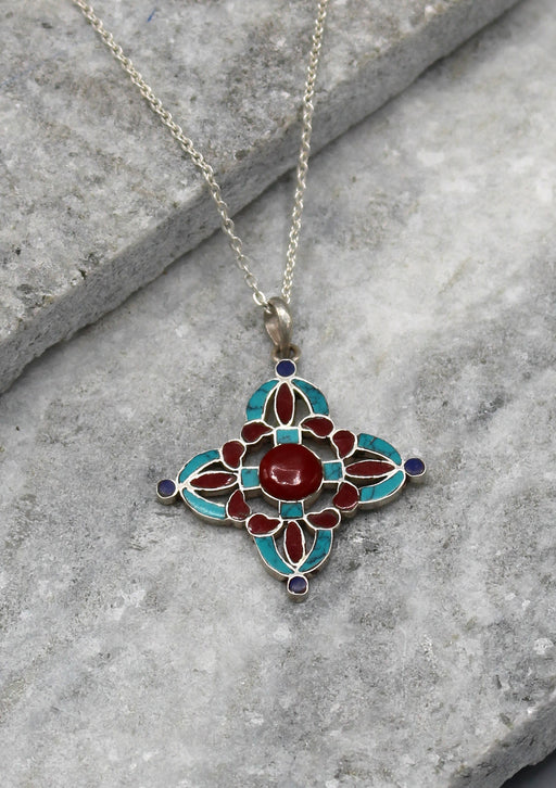 Coral and Turquoise Double Dorjee Sterling Silver Pendant - nepacrafts