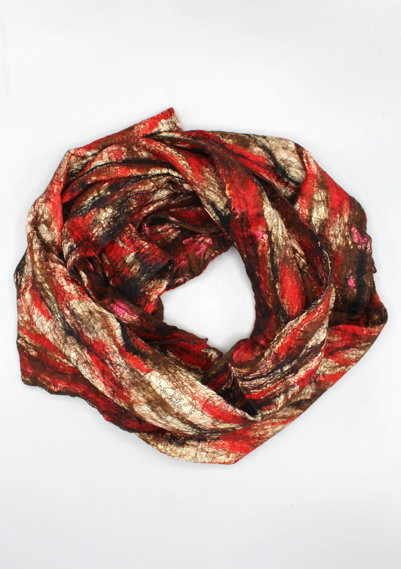 Red and Black Hand Felted Recycled Silk Women's Scarf
