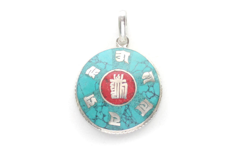 Tibetan Kalachakra White Metal Inlaid Pendant - nepacrafts