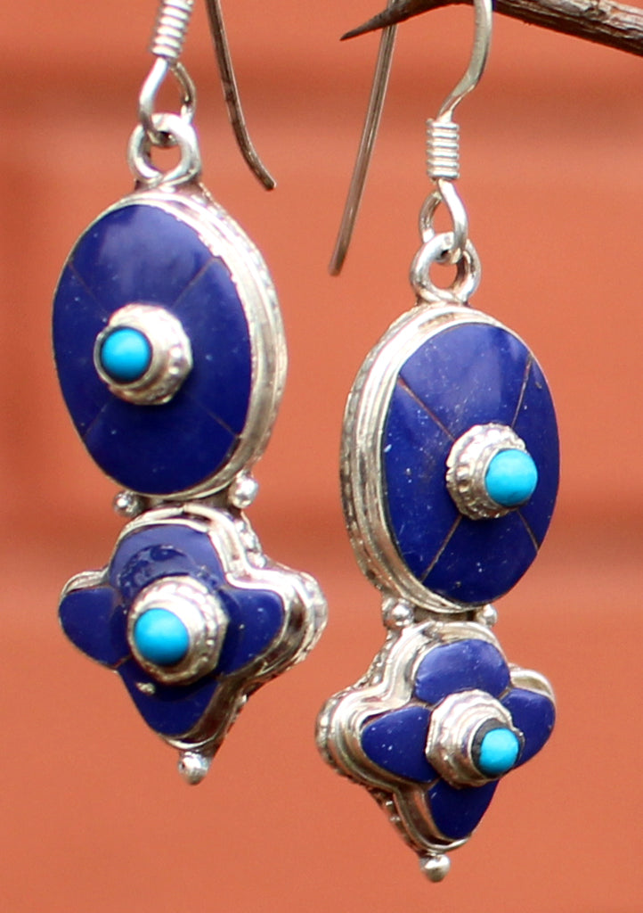 Lapis and Turquoise Inlaid Floral Dangle Silver Earrings - nepacrafts