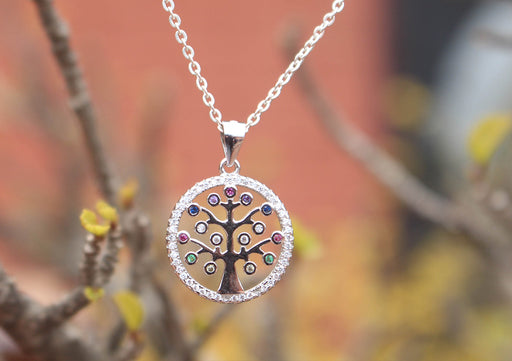 Sterling Silver Tree of Life Pendant with Multi Color Inlaid Stone - nepacrafts